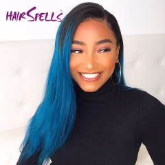 T1B/Blue Ombre Color Lace Wig 130% density  Virgin Human Hair Straight Lace Frontal Wig