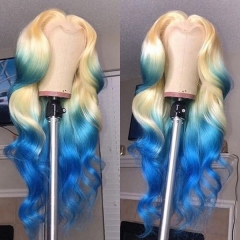 Blonde Ombre Signal Blue Bleached Lightly Virgin Human Hair Picture Wigs
