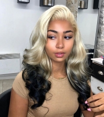 Glueless Wear Go Blonde Roots Black End Wavy Pre Plucked Bleached Lightly 13*4 Full Frontal Wig 150% Density Virgin Human Hair Picture Wigs