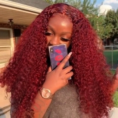 Ruby Red Deep Wave Pre Plucked Bleached Lightly Virgin Human Hair Picture Wigs