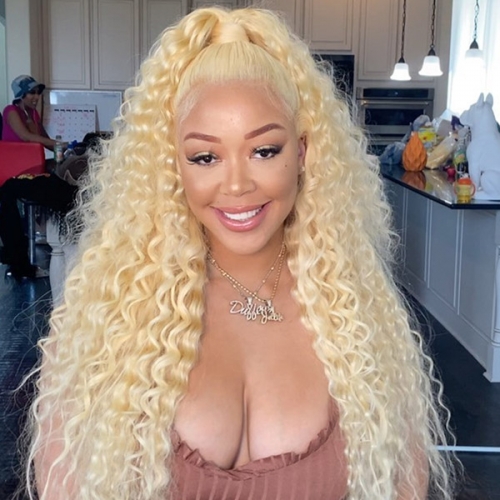 613# Blonde Transparent Lace Frontal Wig Deep Wave 150% density Virgin Human Hair