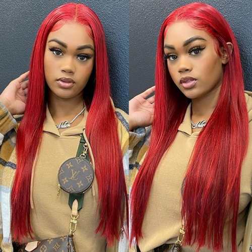 Red Color  Lace Frontal Wig Straight Hair 130% density Virgin Human Hair
