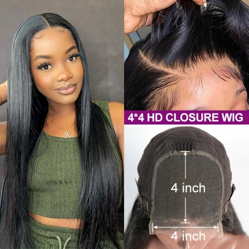 （New Update)HD Melted Lace 4*4 Closure Wigs 150% & 200% density Virgin Human Hair Pre Plucked Hairline With Baby Hair