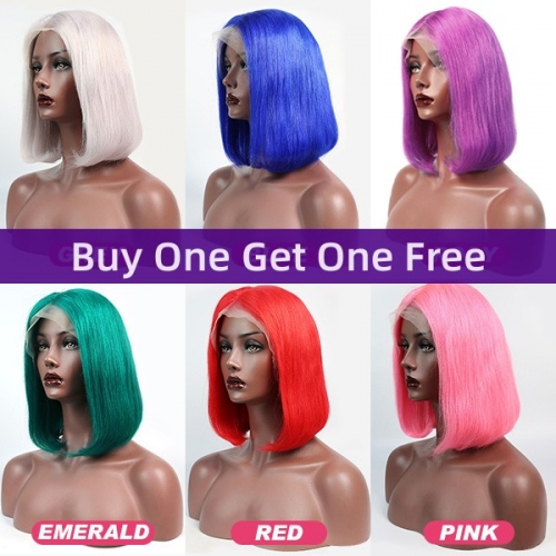 Buy One Get One Free 150% Density Color Wig Human Hair Short Bob Wigs Straight Lace Frontal Wig(Click Quantity 1 Send 2 Wigs)