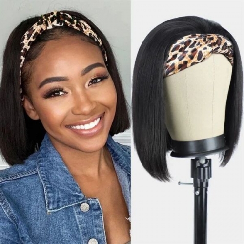 (New) Short Bob Wig 150%&200% Density Headband Scarf Wigs 100% Virgin Human Hair Wigs Not Lace Wigs Half Wigs