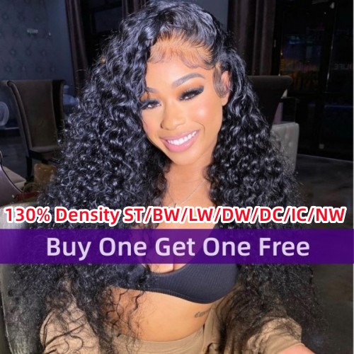 Buy One Get One Free Wet And Wavy 130% density Virgin Human Hair Deep Wave Lace Frontal Wig Natural Color(Straight/Wavy/Curly))
