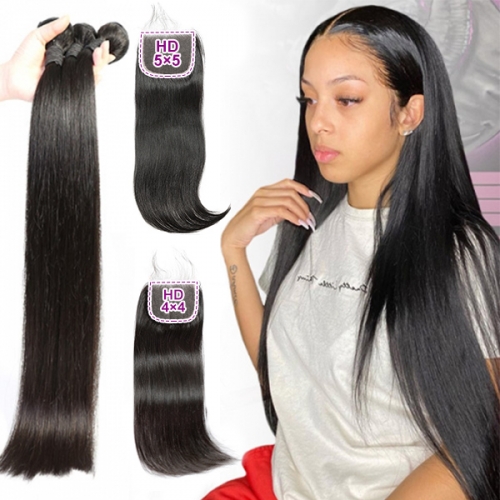 3 Bundles With 4*4 5*5 Lace Closure Deal Straight Hair 100% Unprocessed Virgin  Remy Human Hair Natural Color Brazilian Peruvian Cambodian Hair
