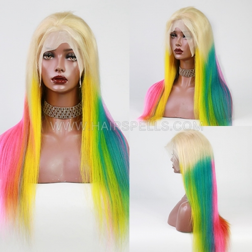 130% Density Rainbow Mix Color Wig Human Hair Wigs Lace Frontal Wig