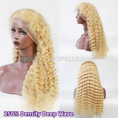 Transparent Lace 150% %250% Density 613# Blonde 13*4 Full Frontal Wig Deep Wave Virgin Human Hair Pre Cut Lace Wear Go