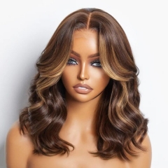 Glueless Wear Go Highlight Brown Color Loose Body Wave With Curtain Bangs 13*4 Full Frontal Wig PrePlucked 150% Density Virgin Human Hair Picture Wigs