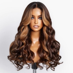 Glueless Wear Go Highlight Brown Color Loose Body Wavy With Curtain Bangs Bleached Lightly 13*4 Full Frontal Wig Virgin Human Hair 200% Density