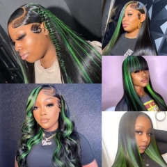 Glueless Wear Go Highlight Green Color Prepluck Bleached Lightly 13*4 Full Frontal Wig 150% Density Virgin Human Hair Picture Wigs