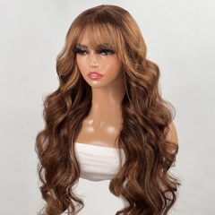 200% density Highlight Color Wavy Glueless 13*4 Full Frontal Wig With Cute Bangs Wear Go Style