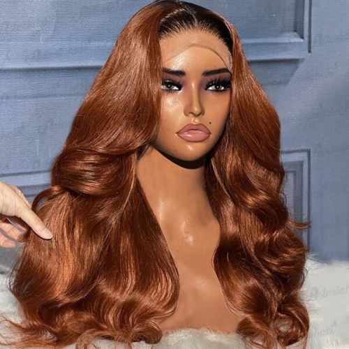 200% density Brown Color Wig With Black Roots Wavy Glueless 13*4 Full Frontal Wig Pre Plucked With Baby Hair Wear Go Customize 5-7 Days
