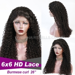 High density Glueless Wear Go Burmese Curly 18-30 Inches 6*6 Lace Closure Wig Virgin Human Hair Thinkness Wig Breathable Cap Natural Color