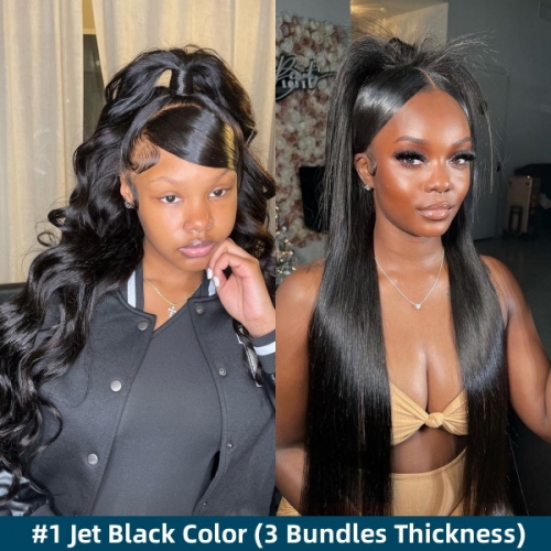 (3 Bundles Thickness) #1 Jet Black Color Glueless Wear Go HD Lace Wig Human Virgin Hair